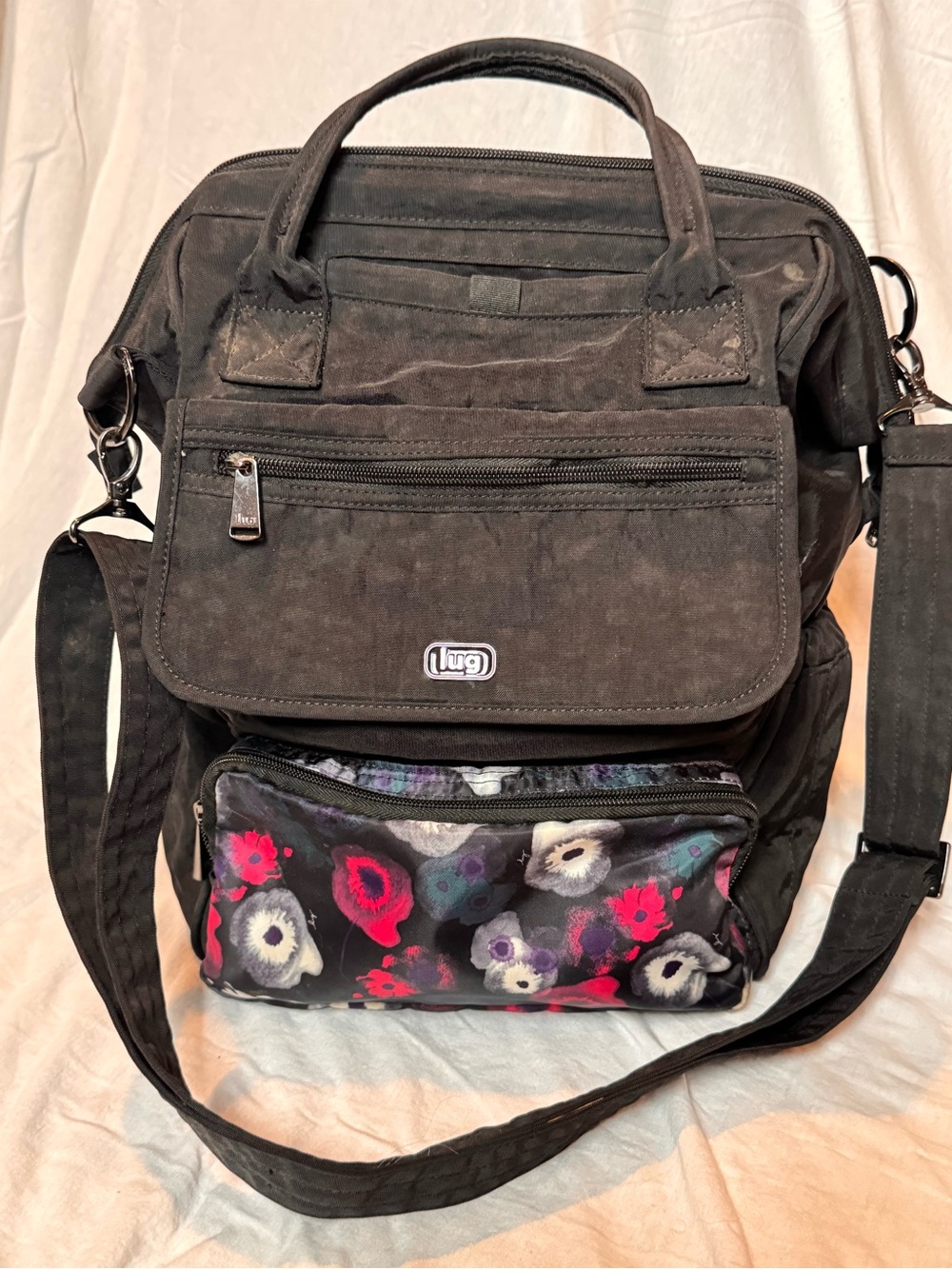 Lug Puddle Jumper Backpack Diaper Bag Black Floral Travel Work Bag